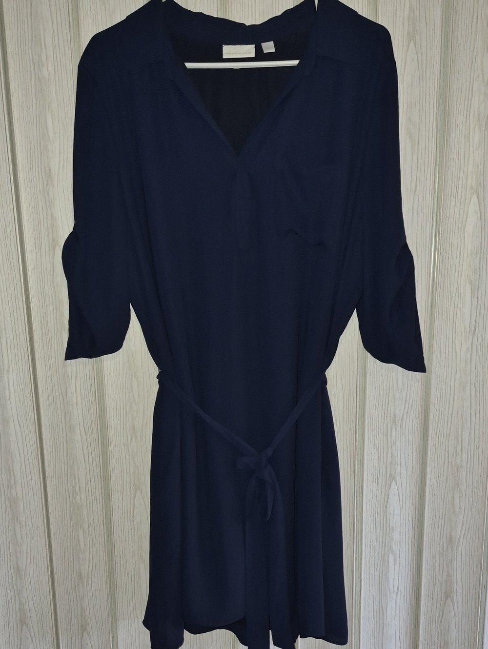 New York & Company Navy Midi Shirt Dress with Tie Waist